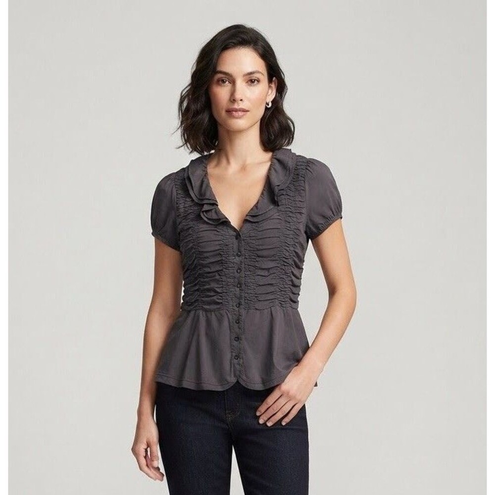 VTG Y2K Odille Anthropologie Ruffle Button Front Peplum Top Blouse Brown 6 Boho